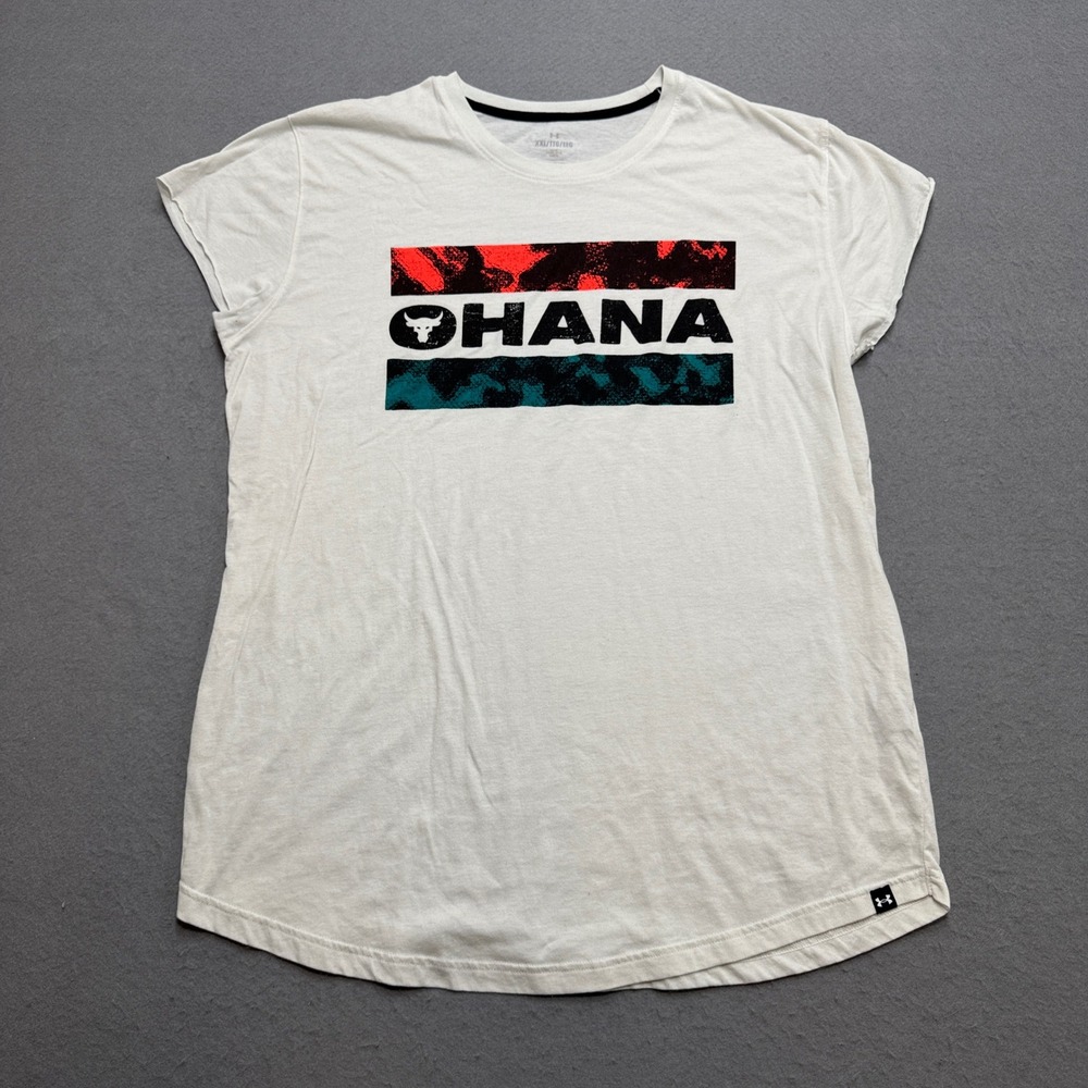 Under Armour T-Shirt Women's 2XL White Project Rock Ohana Brahma Bull‎ Loose Fit